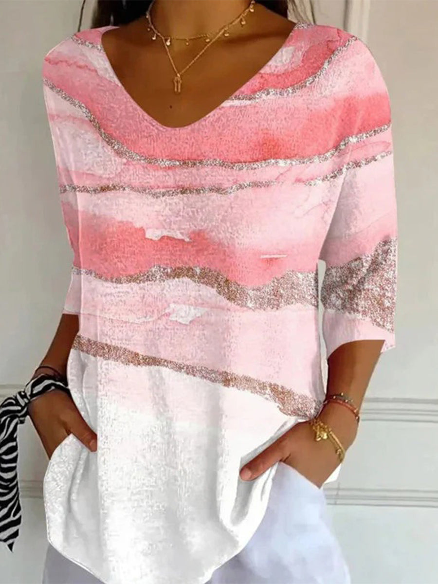 Casual Gradient V-neck 3/4 Sleeve T-Shirt