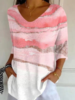 Casual Gradient V-neck 3/4 Sleeve T-Shirt