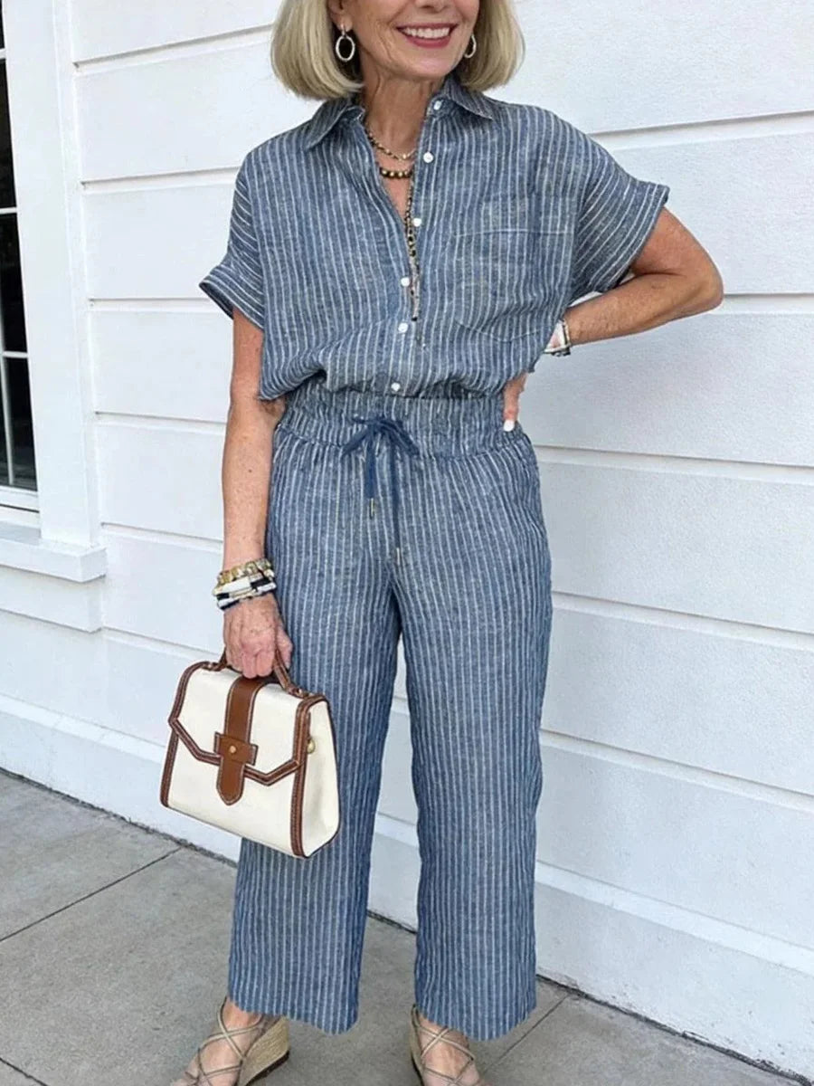 Blue Striped Short Sleeve Two Piece Set