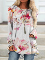 Pink Casual Round Neck Long Sleeve Floral Printed Sweatshirt