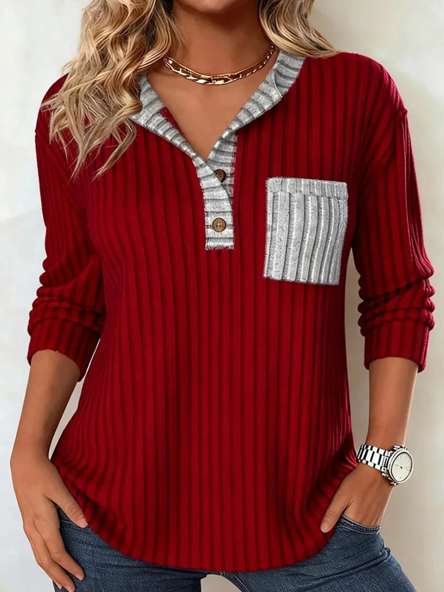 Red V-Neck Color Block Long Sleeve Sweater