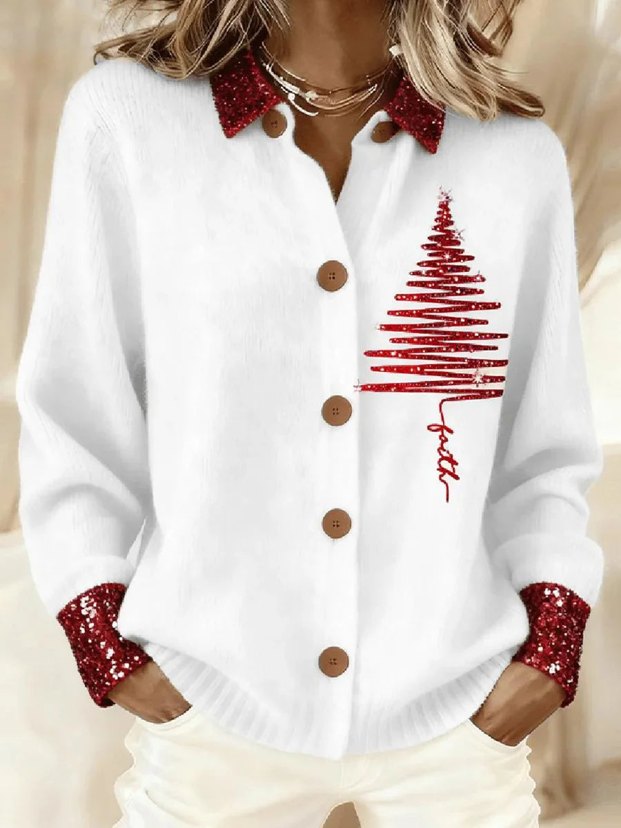 Unique Sequin Tree Printed White Long Sleeve Shirt