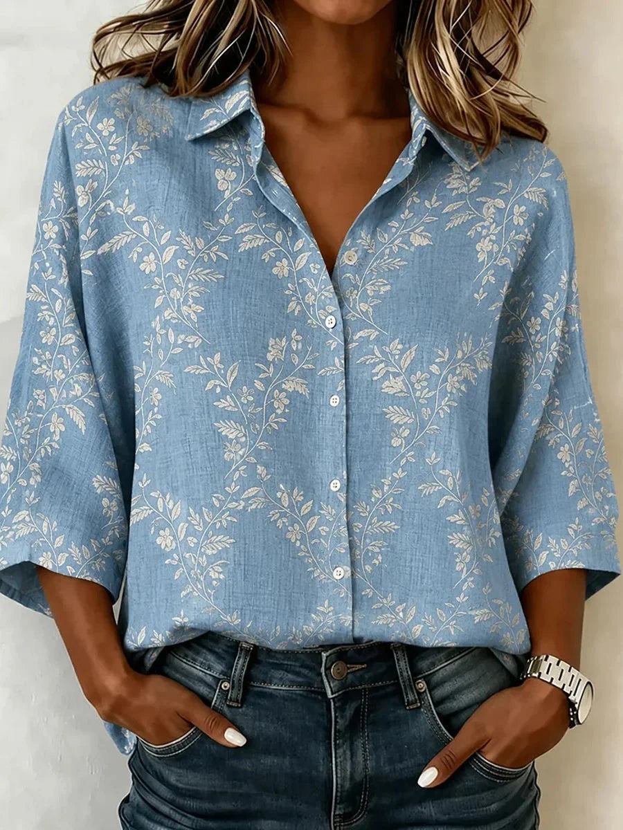 Light Blue Floral Print 3/4 Sleeve Button Shirt
