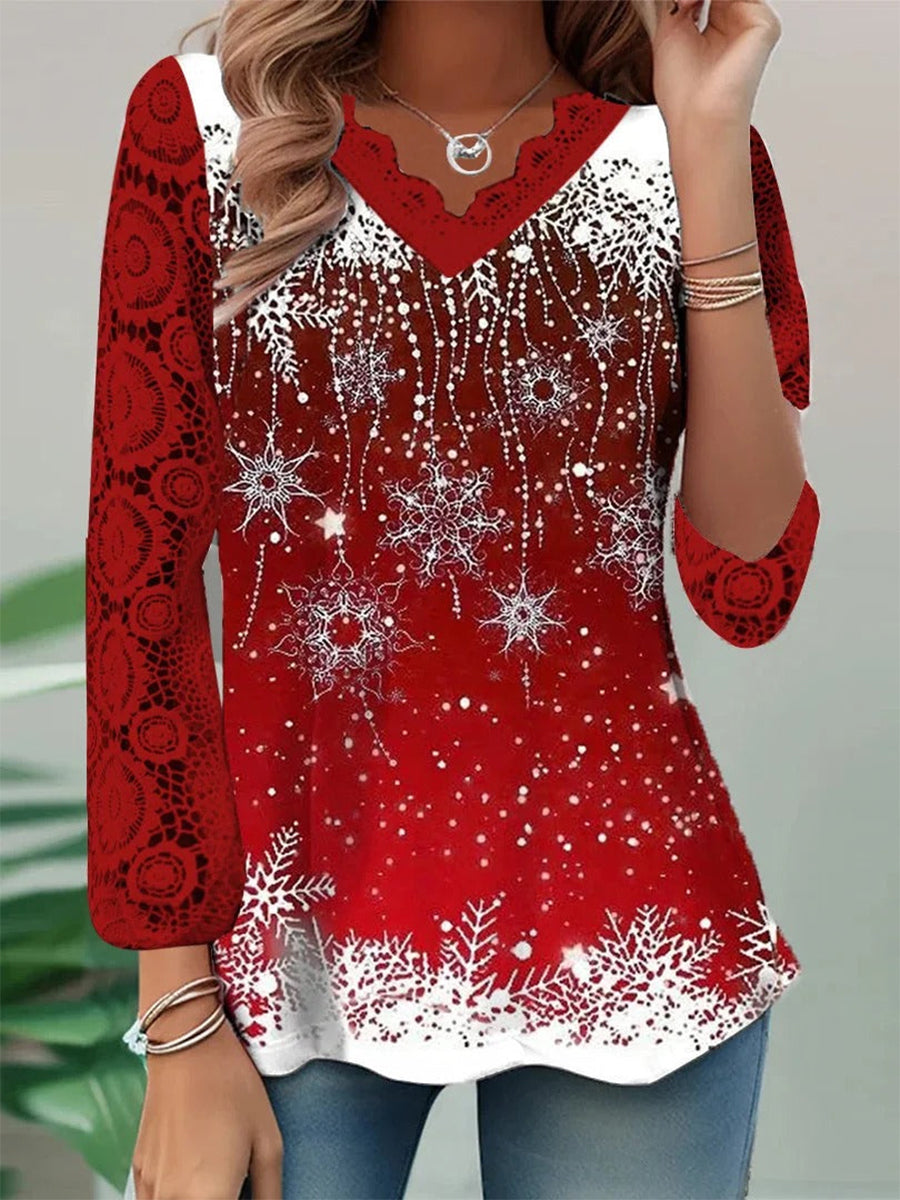 Long Sleeve V-neck Graphic Printed Stitching Lace Christmas Tops