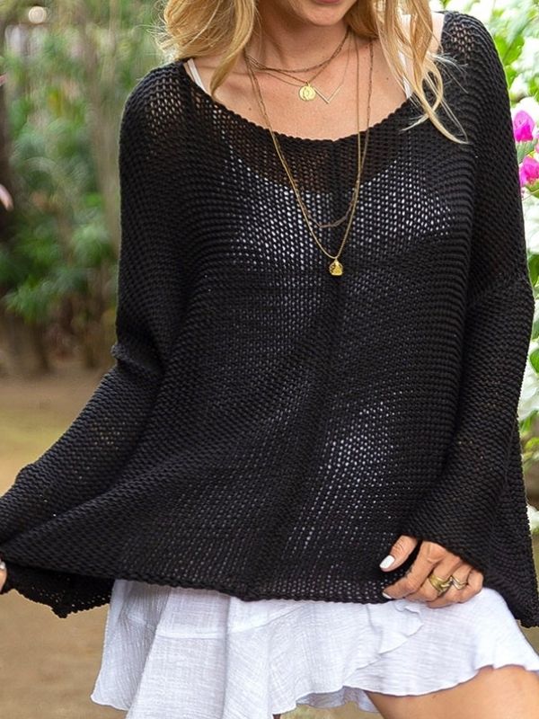 Black Casual Graphic Tops Round Neck Long Sleeve Hollow Out Sweater