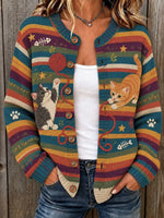 Women's Retro Striped Cat Print Crew Neck Long Sleeve Cardigan