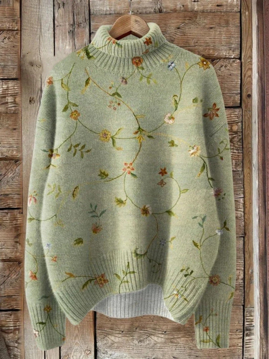 Vintage Lovely Floral Art Print Knit Turtleneck Pullover Sweater