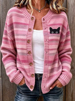 Women's Retro Black Cat Striped Print Crew Neck Long Sleeve Cardigan