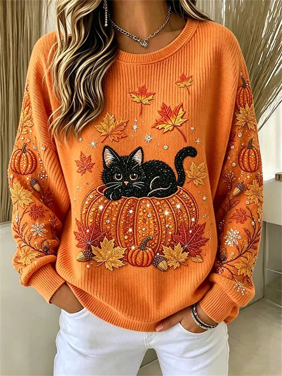 Casual Cat Crew Neck Long Sleeve Sweatshirt