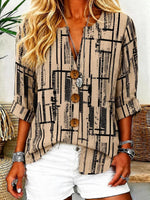 Khaki Grid Geometric Roll Cuff 3/4 Sleeve Top