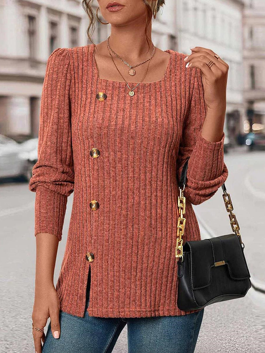 Stylish Square Neck Plain Long Sleeve Top