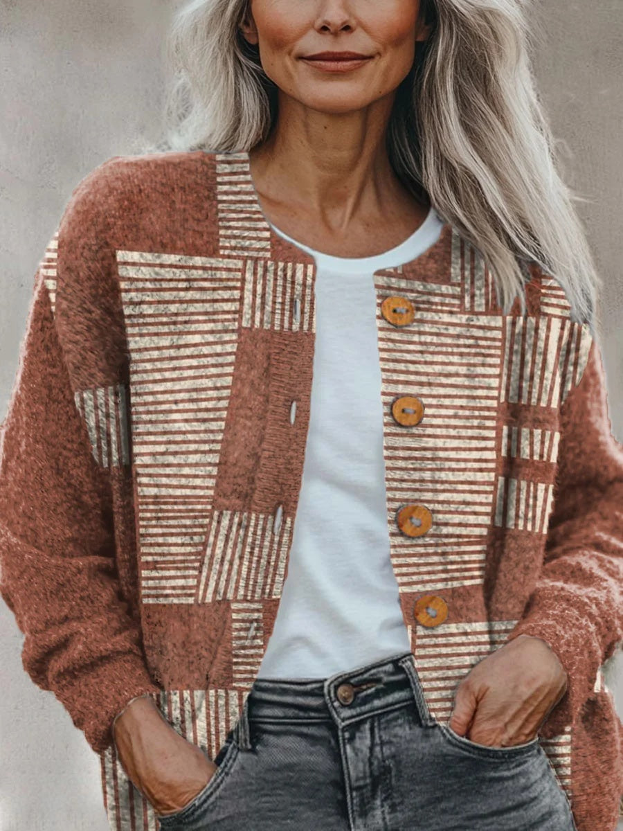 Abstract Terracotta Linocut Boho Art Pattern Print Long Sleeve Buttoned Cardigan Sweater