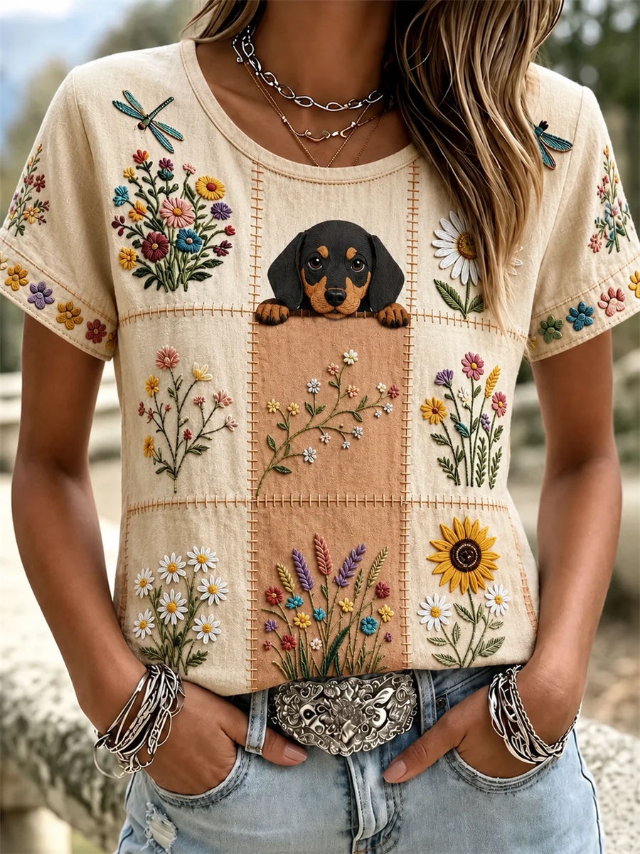 Vintage Floral Crew Neck Short Sleeve T-shirt
