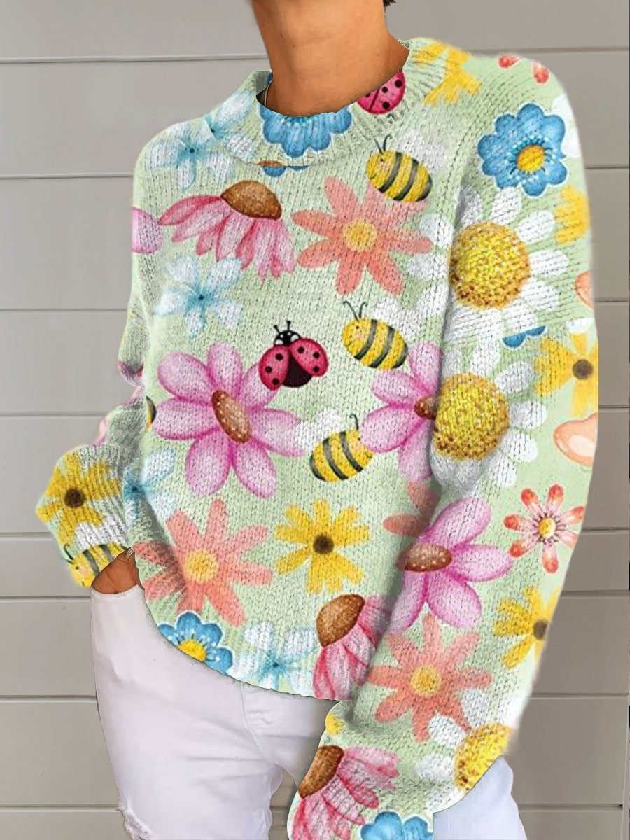 Women's Vintage Flower Insect Art Print Casual Pullover Round Neck Long Sleeve Sweater