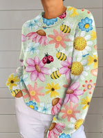 Women's Vintage Flower Insect Art Print Casual Pullover Round Neck Long Sleeve Sweater