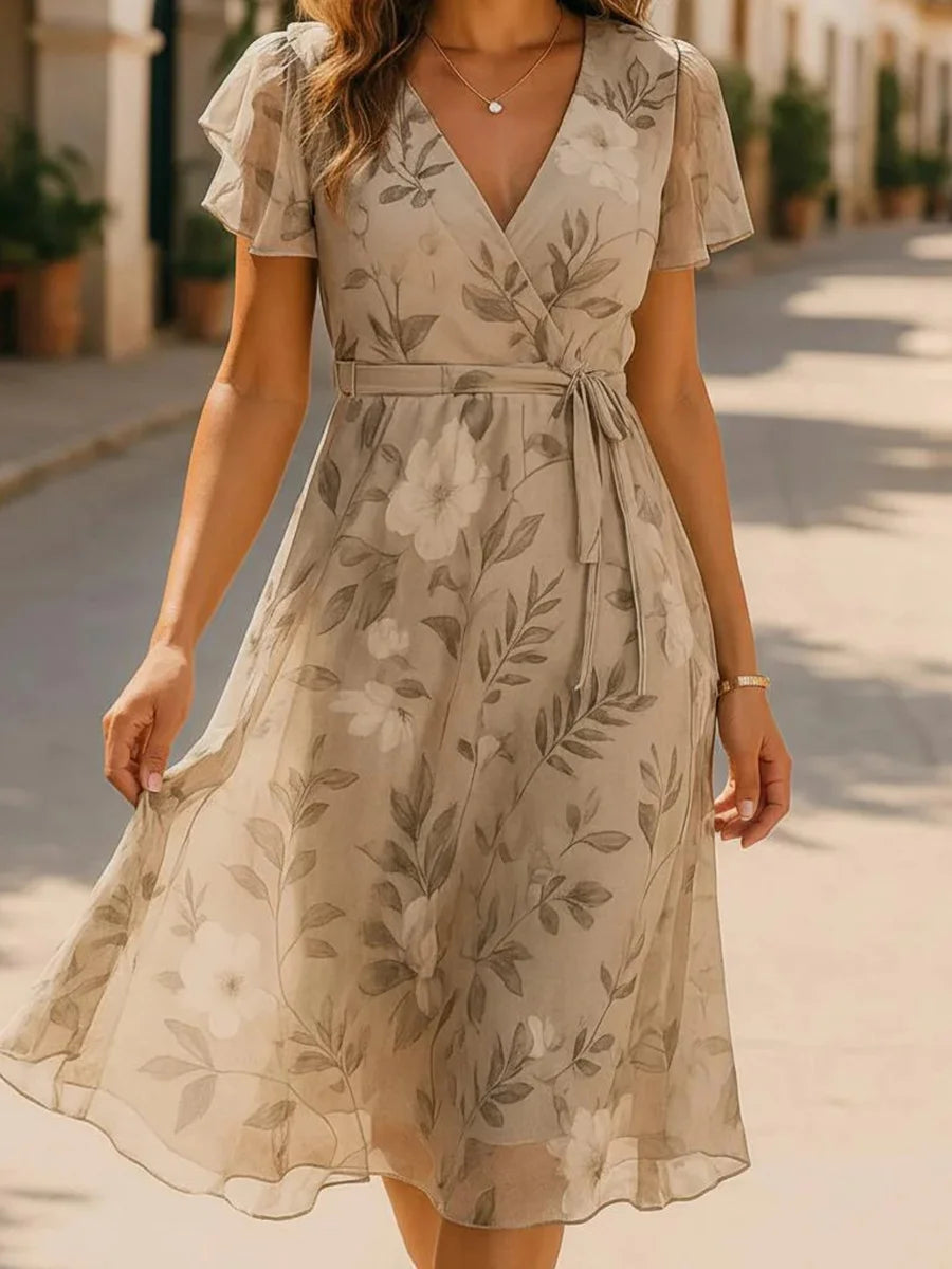 Elegant Floral Print V-neck Short Sleeve Mid Dress