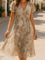 Elegant Floral Print V-neck Short Sleeve Mid Dress
