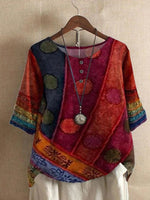 Casual Printed Round Neck Buttoned Loose Top
