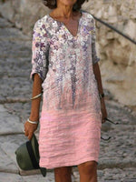 Vintage Floral Print V-neck Half Sleeve Dress