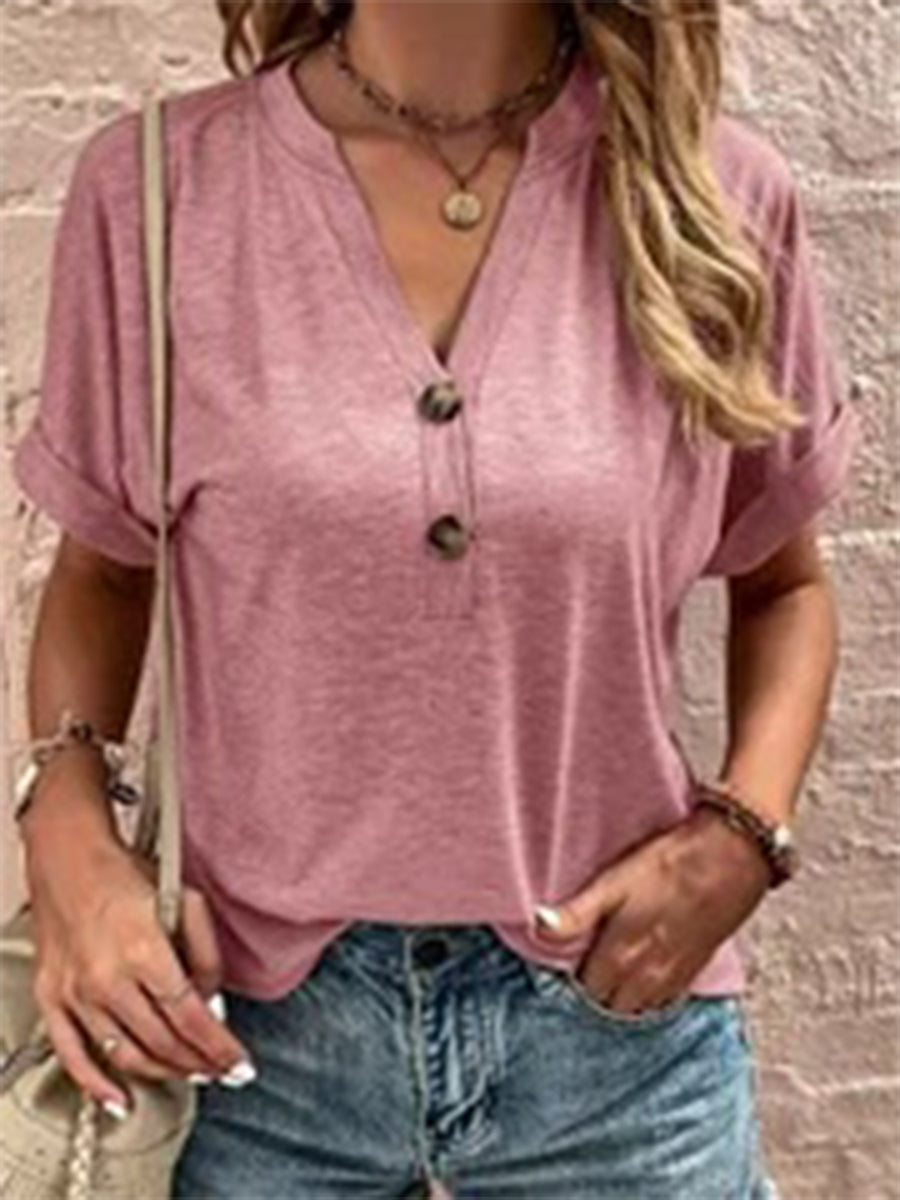 Women?ˉs V-Neck Button Front Short Sleeve Casual Loose Top