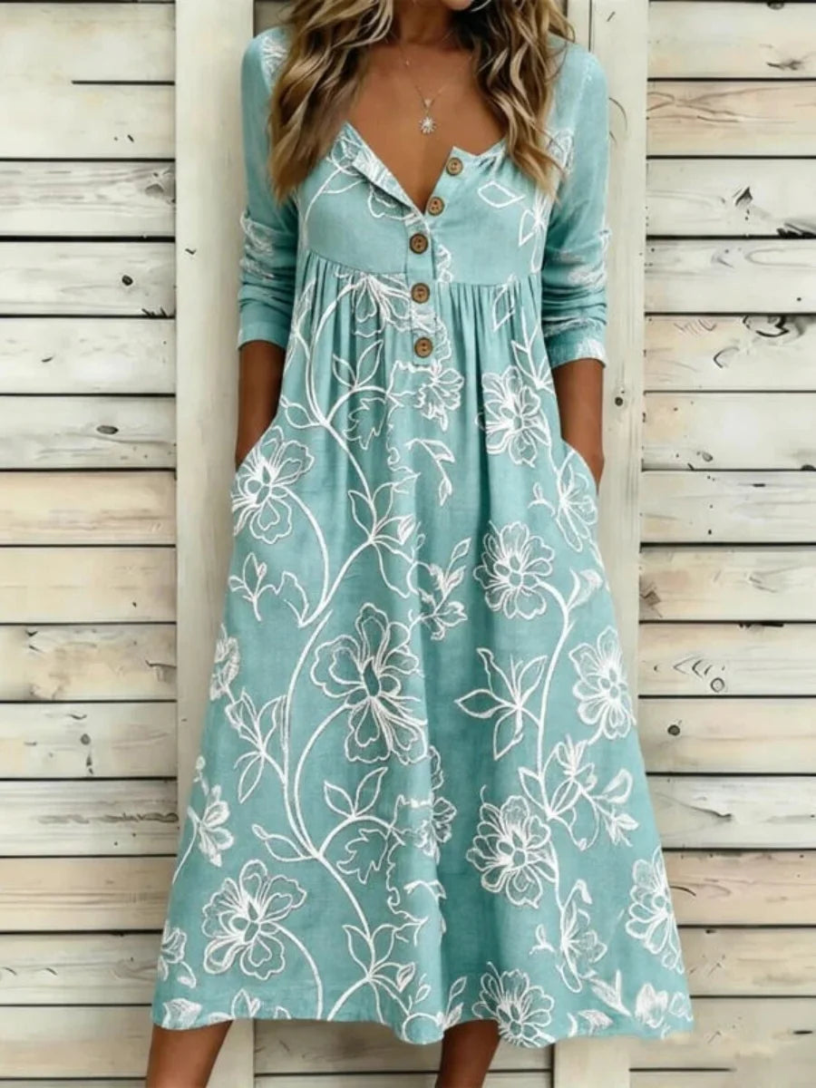 Vintage Floral Print 3/4 Sleeve Dress
