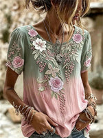 Vintage Floral Print Round Neck Short Sleeve Blouse
