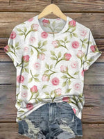 Vintage Floral Print Round Neck Short Sleeve T-Shirt