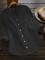 Solid Pocket Long Sleeve Button Stand Collar Blouse