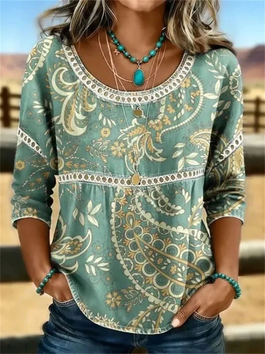 Vintage Ethnic Print Round Neck 3/4 Sleeve Blouse