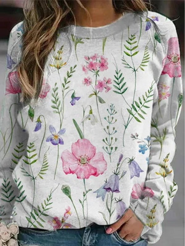 Pink Casual Graphic Tops Round Neck Long Sleeve Floral Printed Sweatshirts