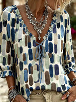 Abstract Oval Print Tie V-Neck Ruffle 3/4 Sleeve Blouse