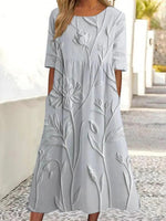 Grey Round Neck Short Sleeve Midi Dress