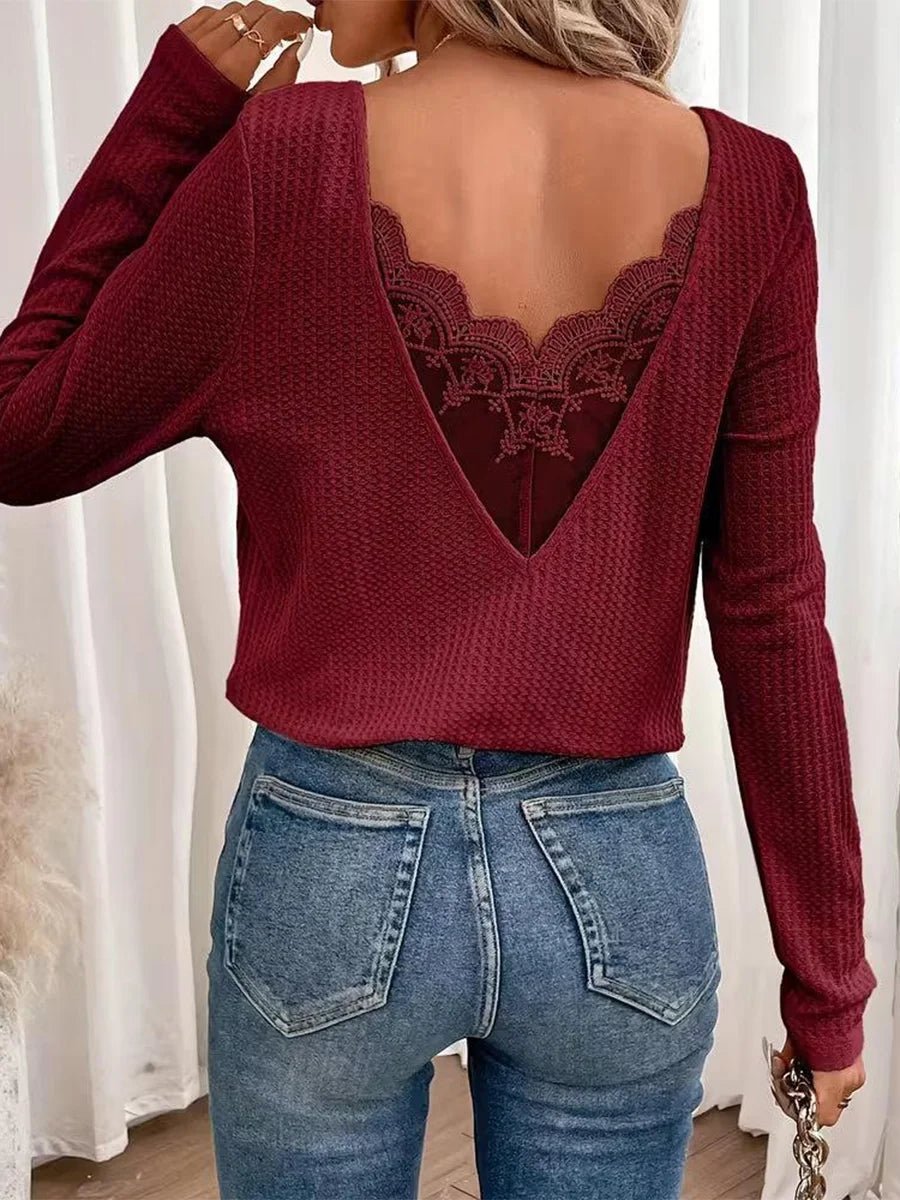 Red Long Sleeve Scoop Neck Plain Top