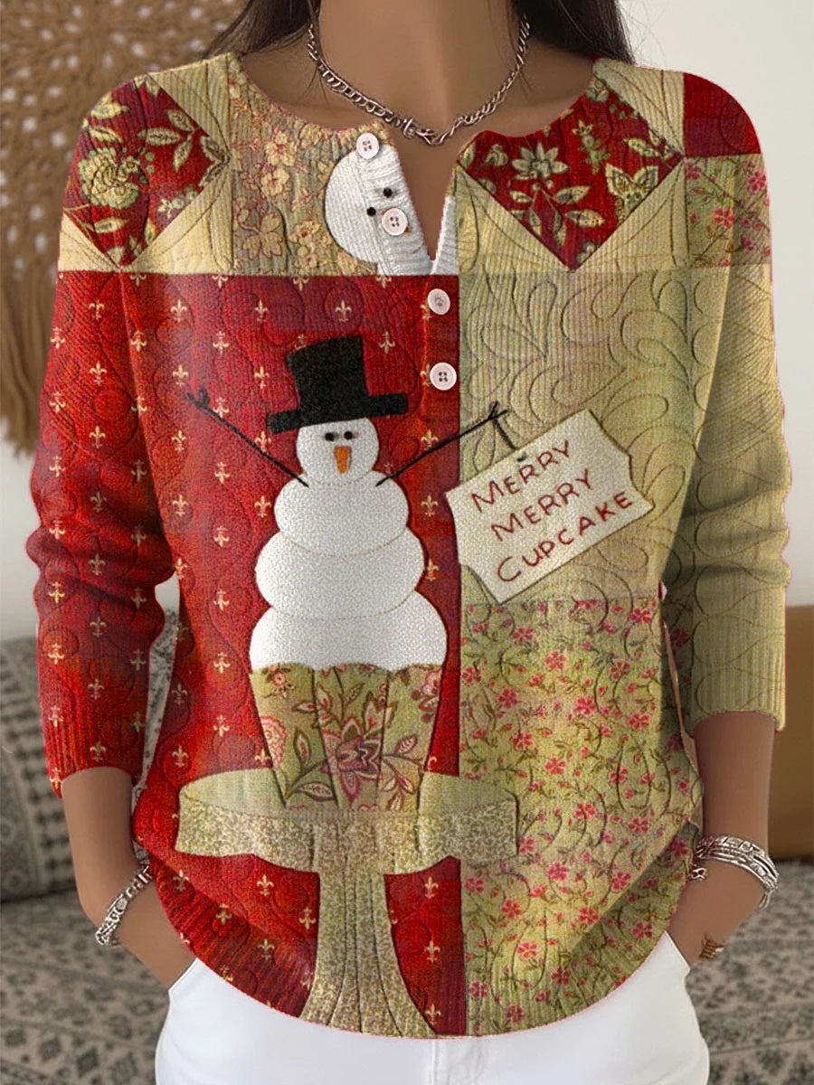 Women's Christmas Pattern Art Print Buttoned Round Neck Long Sleeve Cardigan Sweater