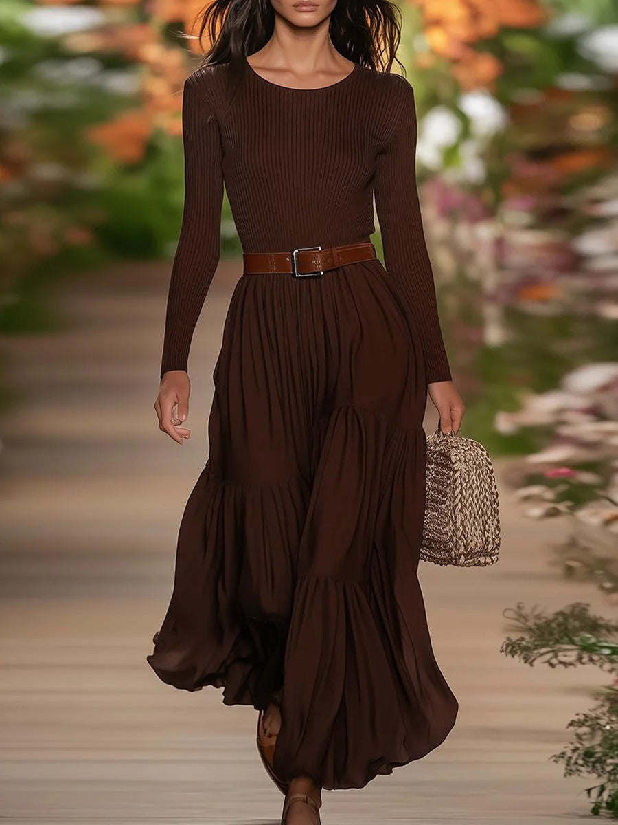 Brown Long Sleeve Plain Maxi Dress