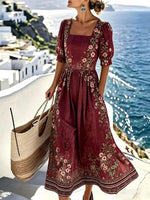 Maroon Floral Border Print Square Neck Puff Sleeve Midi Dress