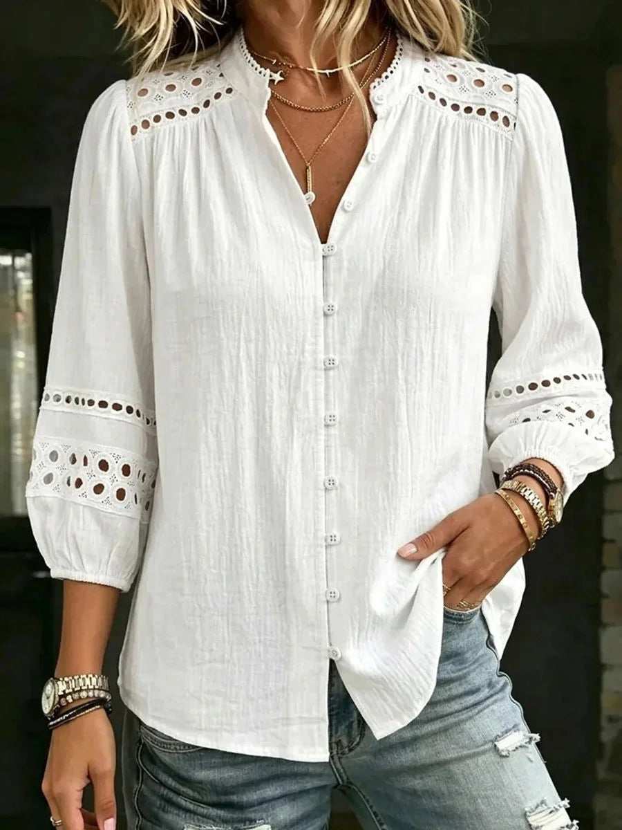 White Eyelet Lace Trim 3/4 Sleeve Button-Down Blouse
