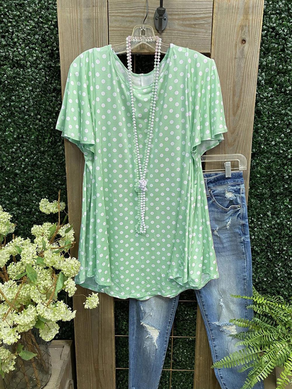 Polka Dot Ruffles Round Neck Short Sleeve Casual Blouse