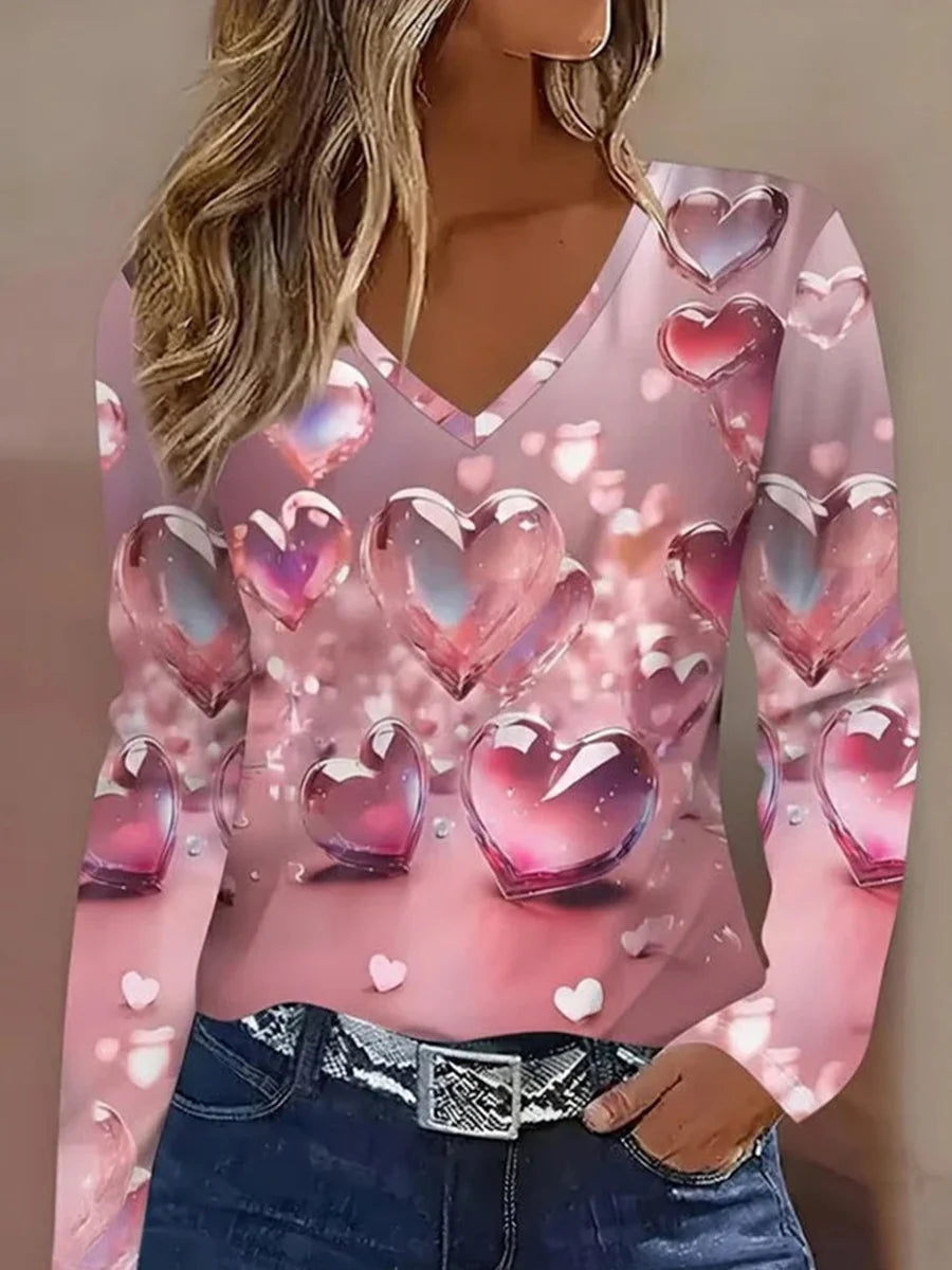 Vintage Heart Print V-neck Long Sleeve T-Shirt