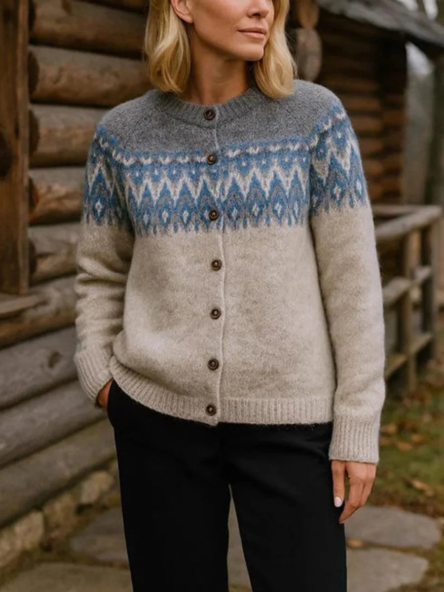 Grey Round Neck Long Sleeve Fair Isle Cardigan