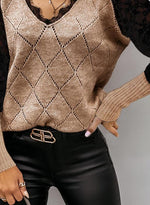 Color Block Lace V-Neck Casual Sweaters