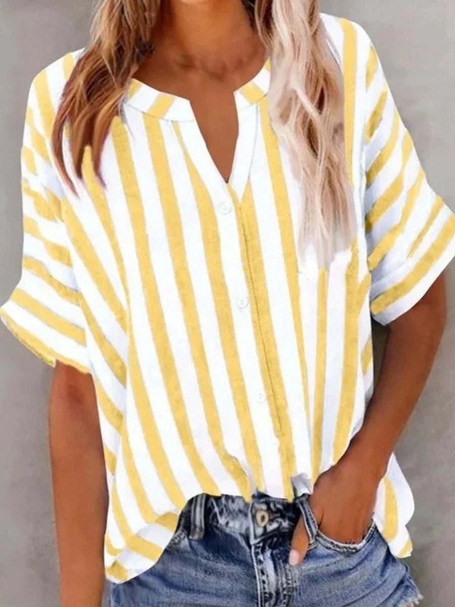 Casual Striped V-neck Short Sleeve Blouse