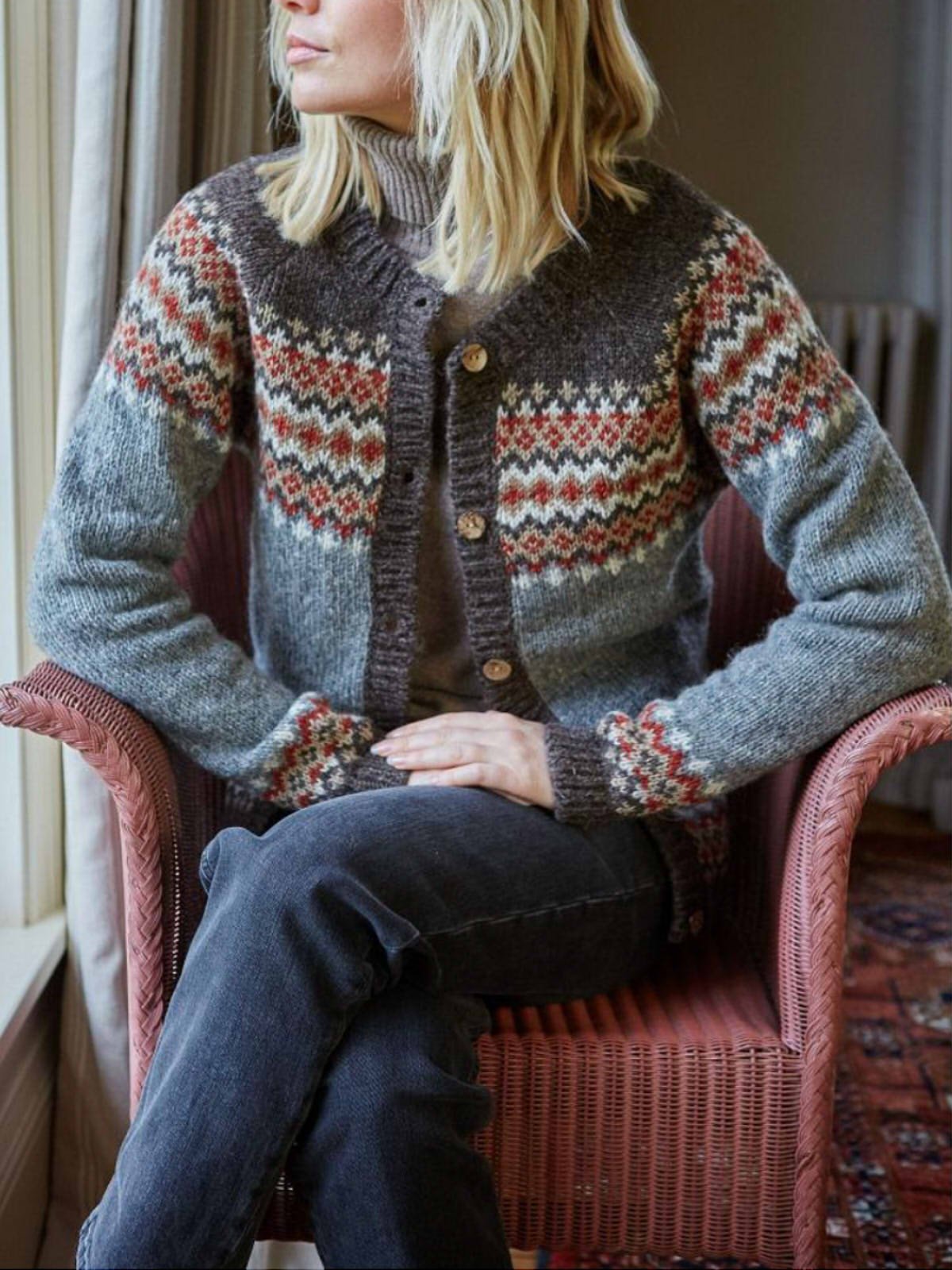Women's Knitted Fair Isle Diamond Pattern Cardigan