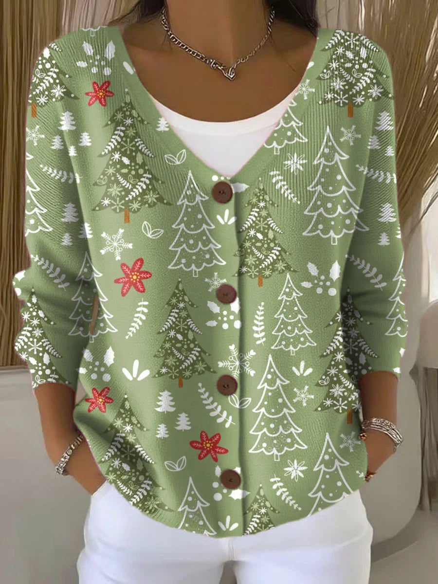 Women's Christmas Tree Art Print Buttoned V-neck Long Sleeve Cardigan Sweater