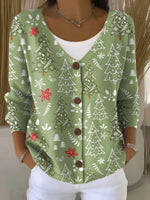 Women's Christmas Tree Art Print Buttoned V-neck Long Sleeve Cardigan Sweater