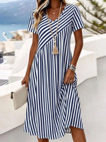 Navy Diagonal Stripe V Neck Short Sleeve Loose Midi Dress