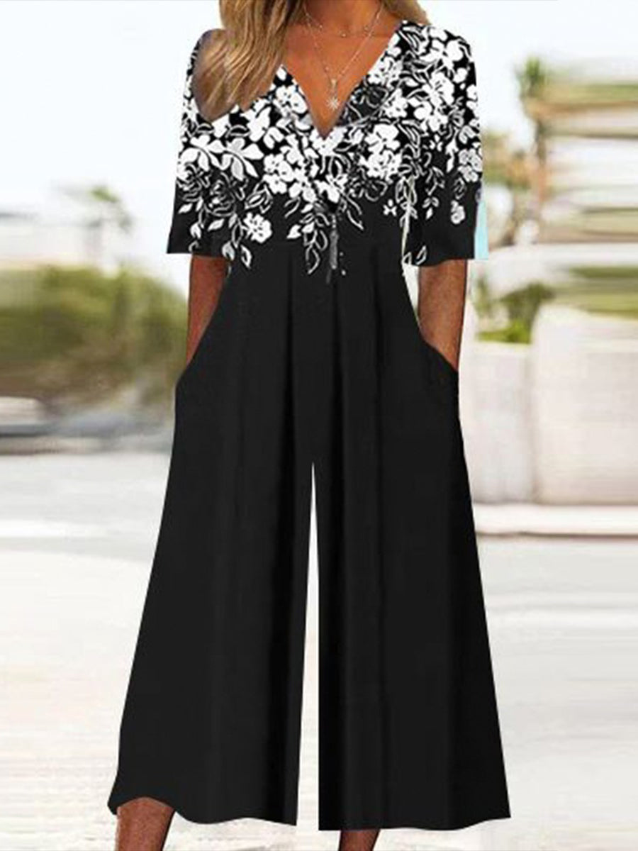Women's Floral Print V-Neck Wide Leg Jumpsuit with Pockets