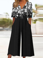 Women's Floral Print V-Neck Wide Leg Jumpsuit with Pockets