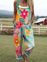 Women's Vintage Floral Pattern Art Print Casual Wide Leg Jumpsuit