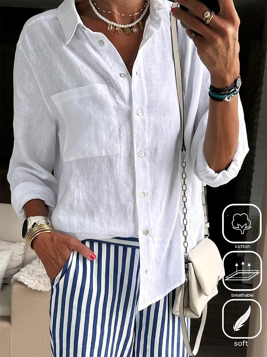 White Daily Buttoned Long Sleeve Pocket V Neck Shirt